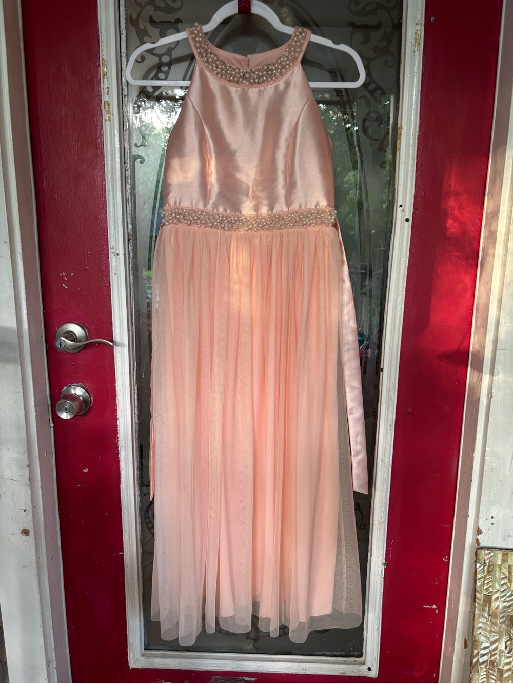 Xtraordinary Peach Pearl-Trim Halter Formal Dress